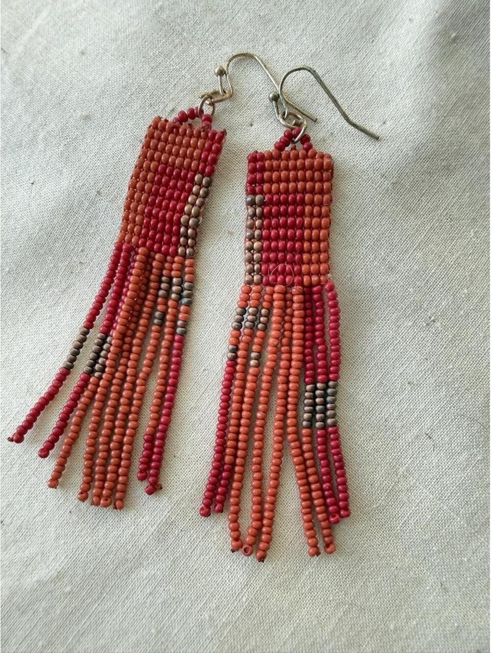 Red Orange Seed Bead Fringe Earrings Boho Statement